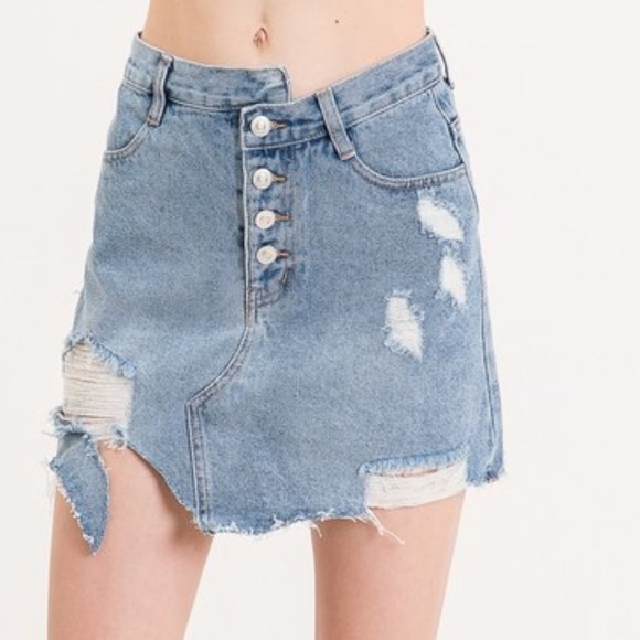 Distress Button front Mini Denim Skirt - Picture 1 of 4